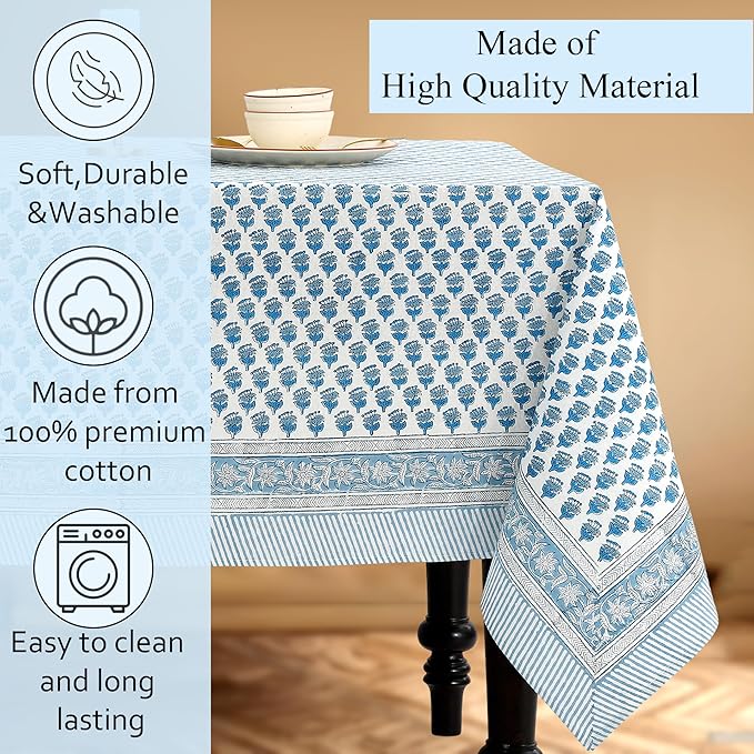 CPC Tablecloth 100% Cotton 72x140 Inch Indian Block Print Rectangle Table Cover, Blue Table Cloth for Weddings, Spring/Summer, Barbeque - Apatite Blue
