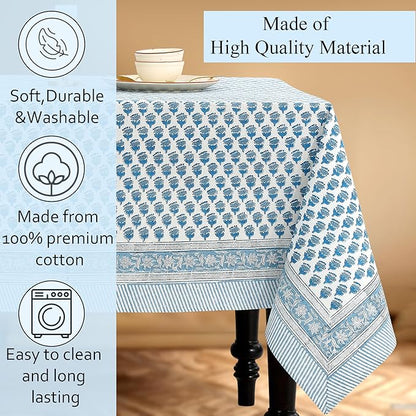CPC Tablecloth 100% Cotton 72x140 Inch Indian Block Print Rectangle Table Cover, Blue Table Cloth for Weddings, Spring/Summer, Barbeque - Apatite Blue