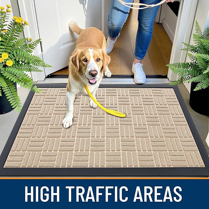 OLANLY Front Door Mat Outside Entrance 59x34, Absorbent, Heavy Duty Sturdy Natural Rubber Doormat Indoor Outdoor, Non-Slip, Stain and Fade Resistant, Low Profile Floor Mat for Entryway, Latte White