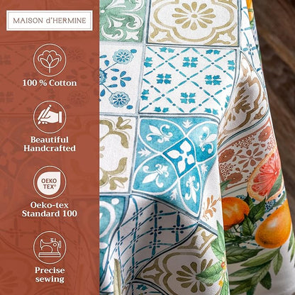 Maison d' Hermine Table Cloth Round Table 100% Cotton 69 Inches Tablecloth Reusable Decorative Everyday Use for Dining Room, Farmhouse, Home, Party, Festive & Wedding Spring Summer - Agrume