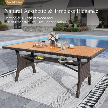 Sophia & William 74 inch Outdoor Dining Table, Acacia Wood & Wicker Patio Dining Table for 6-8 Person, Metal Legs & Adjustable Foot Pads, Large Rectangular Table for Garden, Porch, Backyard