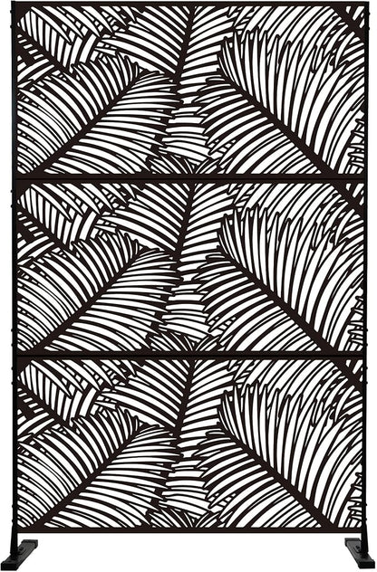 Kozyard Metal Privacy Screen 74" H x 47.2" W Decorative Outdoor Divider with Stand Panels Freestanding Screen Set for Deck Patio Balcony Garden Outdoor&Indoor (Black/Palm Leaf)
