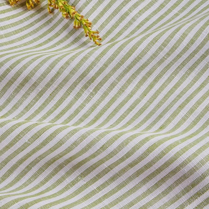 Solino Home Linen Stripe Table Runner 60 Inches - Narrow Stripe, 100% Pure Linen Avocado and White Table Runner 14 x 60 Inch for Dresser and Coffee Tables - Spring, St Patricks Day, Easter, Winter