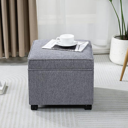 Adeco 17.5" Grey Square Storage Ottoman with Wheels, Modern Cotton Linen Foot Stool with Rollers - Movable & Convenient & Practical, Small Footstool for Living Room, Bedroom