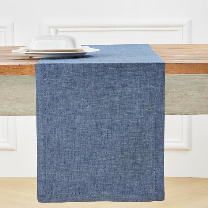 Solino Home Linen Table Runner 60 Inches - 100% Pure Linen Blue Denim Table Runner 14 x 60 Inch Ideal for Dresser and Coffee Tables - Athena, Winter, Spring, Easter