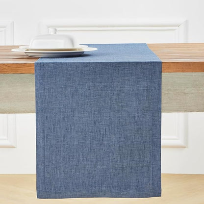 Solino Home Linen Table Runner 90 Inches Long - Athena, 100% Pure Linen Blue Denim Dining Table Runner 14 x 90 Inch for Winter, Spring, Easter
