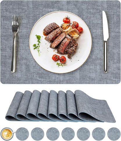 Vinyl Placemats Set of 8, Faux Leather Waterproof and Heat Resistant Place Mats, Washable Anti-Slip Table Mats with Coaster, Wipeable Placemats for Indoor & Outdoor 17" x 12" (Light Blue, Set of 8)