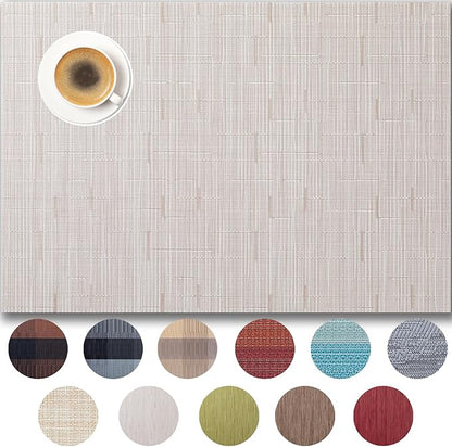 Placemats Set of 12 - Easy Clean Woven Vinyl Placemats for Dining Table, Indoor/Outdoor Place Mats, Washable PVC Table Mats （Pale Beige）