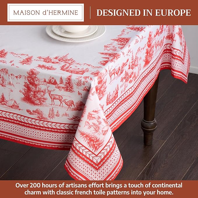 Maison d' Hermine Table Cloth Rectangle Table 100% Cotton 60 x 90 Inches Fall Tablecloth Reusable Everyday Use for Thanksgiving Christmas Decorations Dining Farmhouse Party (Winter Jouy)