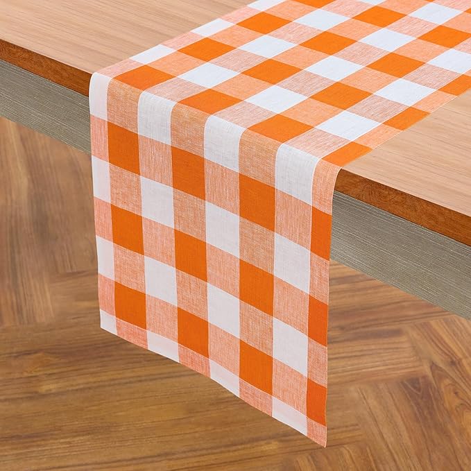 Solino Home Linen Checkered Table Runner 144 Inches Long - 100% Pure Linen Pumpkin and White Buffalo Check Extra Long Table Runner 14 x 144 Inch Ideal for Dining