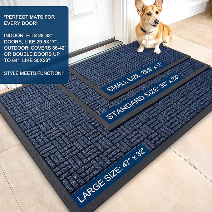 OLANLY Front Door Mat Outside Entrance 71x47, Absorbent, Heavy Duty Sturdy Natural Rubber Doormat Indoor Outdoor, Non-Slip, Stain and Fade Resistant, Low Profile Floor Mat for Entryway, Navy Blue