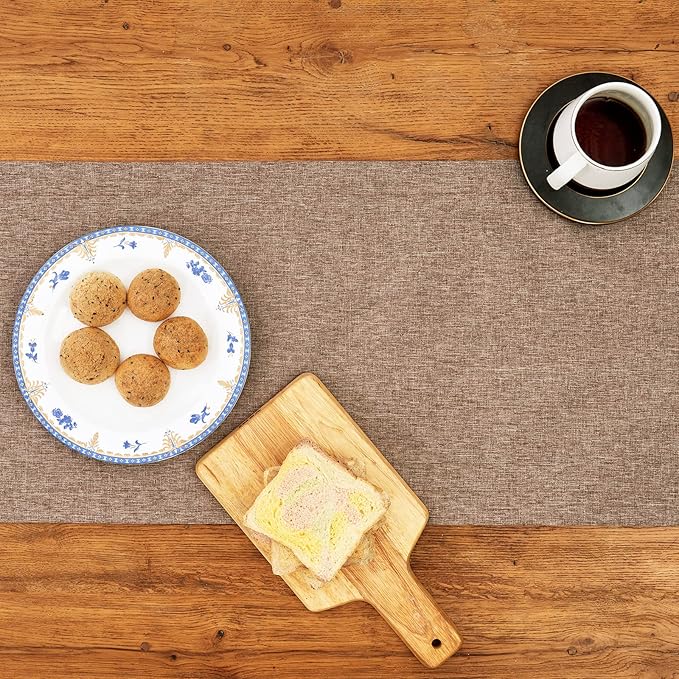Mebakuk Linen Farmhouse Table Runner Large Burlap Style Soft and Waterproof Decorative Fabric Runner for Outdoor Wedding and Dinner (14 x 90 Inch, Flaxen)