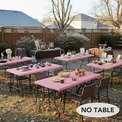 LUSHVIDA 6 Packs Vinyl Tablecloths with Flannel Backing for 8ft Rectangle Folding Table Cloths - Waterproof Plastic Picnic Table Covers with Elastic Corners, 30x96 inch, Pink