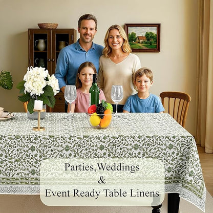 CPC Meadow Vine Tablecloth 100% Cotton 60x90 Inch Indian Block Print Rectangle Table Cover, Table Cloth for Gifting in Weddings, Halloween, Fall, Christmas, Thanksgiving