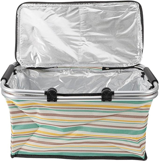 Wear-Resistant Insulated Picnic Basket and Foldable Shopping Tote for Outdoor Dining with Thick Aluminum Foil Lining, Yellow-Green Pattern, No Ice Pack, Vehicle Use and Food