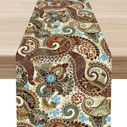 Brown Paisley Table Runner, Rustic Damask Antique Floral Flower Retro Boho Swirled Pattern Vintage Coffee Table Center Decor for Family Kitchen and Living Room Outdoor Table Decorations, 13"x90"