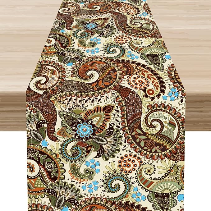 Brown Paisley Table Runner, Rustic Damask Antique Floral Flower Retro Boho Swirled Pattern Vintage Coffee Table Center Decor for Family Kitchen and Living Room Outdoor Table Decorations, 13"x72"