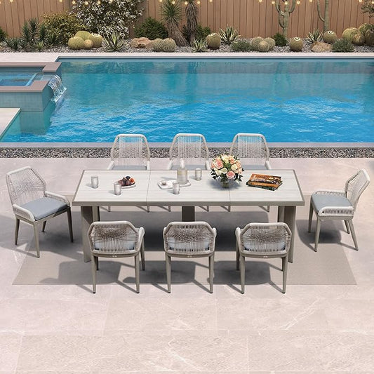 PURPLE LEAF 9 Pieces Patio Dining Set Aluminum Rectangular Table and Wicker Chairs with Cushions for Kitchen Porch Garden Modern Outdoor Furniture Sets, Light Grey