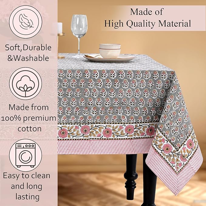 CPC Tablecloth 100% Cotton 70x108 Inch Indian Block Print Rectangle Table Cover, Gray Table Cloth for Weddings, Spring/Summer, Barbeque - Labra Gray