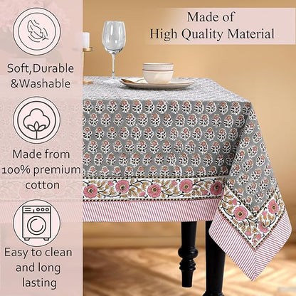 CPC Tablecloth 100% Cotton 70x108 Inch Indian Block Print Rectangle Table Cover, Gray Table Cloth for Weddings, Spring/Summer, Barbeque - Labra Gray