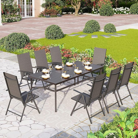 PHI VILLA 9 Piece Patio Dining Set, Patio Furniture Outdoor Dining Set with Adjustable Portable Patio Folding Chairs (Black) & Large Patio Dining Table for Yard, Garden and Deck