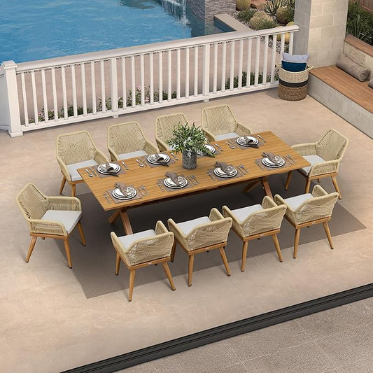 PURPLE LEAF 11 Pieces Outdoor Dining Set All-Weather PE Rattan Outdoor Patio Furniture Set with All Aluminum Frame Rectangular Table and Chairs Set for Lawn Garden Backyard Deck, Teak