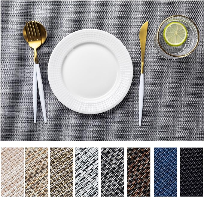 LEXMORE PlaceMats Set of 12 Vinyl/Plastic Woven Place Mats for Kitchen Table Indoor/Outdoor Washable PlaceMat Wipeable Dining Table Mats(Dark Gray)