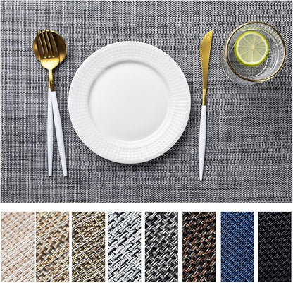 LEXMORE Placemats Set of 8 Vinyl/Plastic Woven Place Mats for Kitchen Table Indoor/Outdoor Washable Placemat Wipeable Dining Table Mats(Dark Gray)