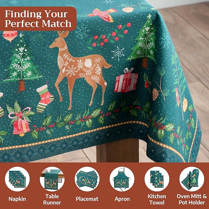 Maison d' Hermine Table Cloth Rectangle Table 100% Cotton 60 x 90 Inches Fall Tablecloth Reusable Everyday Use for Thanksgiving Christmas Decorations Dining Farmhouse Party (Hygge Christmas)