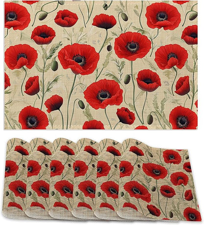 Poppy Flowers Placemats Set of 6,Red Bright Table Mates Non-Slip Heat Resistant Washable Linen Place Mats for Party Kitchen Dining Decoration Indoor Outdoor 12"x18"