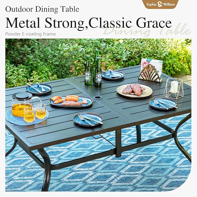 Sophia & William Patio Dining Set with 13ft Double-Sided Patio Umbrella, 8 Piece Metal Outdoor Table Furniture Set with 6 Outdoor Stackable Chairs, 1 Rectangle Dining Table and 1 Large Navy Umbrella