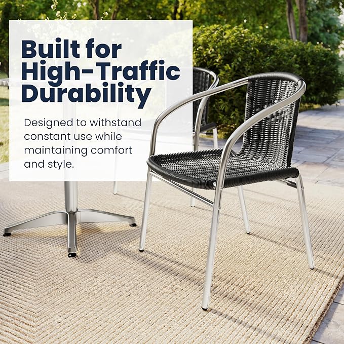 Emma + Oliver Aluminum and Black Rattan Indoor-Outdoor Stack Chair | Outdoor - Image 6