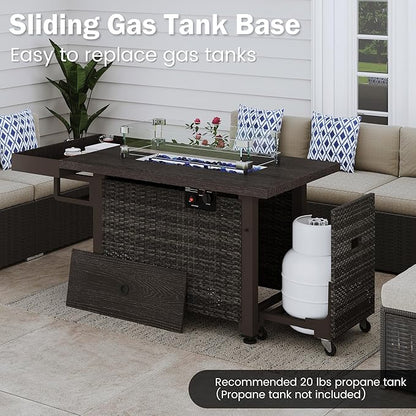 52 Inch Wicker Patio Fire Table, 50,000BTU Propane Fire Pit Table with Glass Wind Guard, Side Basket, Cover and CSA Certified, Outdoor Fire Pit for Garden, Backyard, Balcony, Poolside, Brown