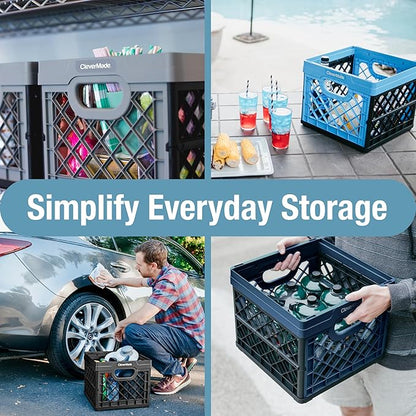 CleverMade Collapsible Milk Crate, Black, 3PK - 25L (6 Gal) Stackable Storage Bins, Holds 50lbs Per Bin - Clevercrates are Heavy Duty, Plastic Collapsible Storage Crate for Multi Purposes