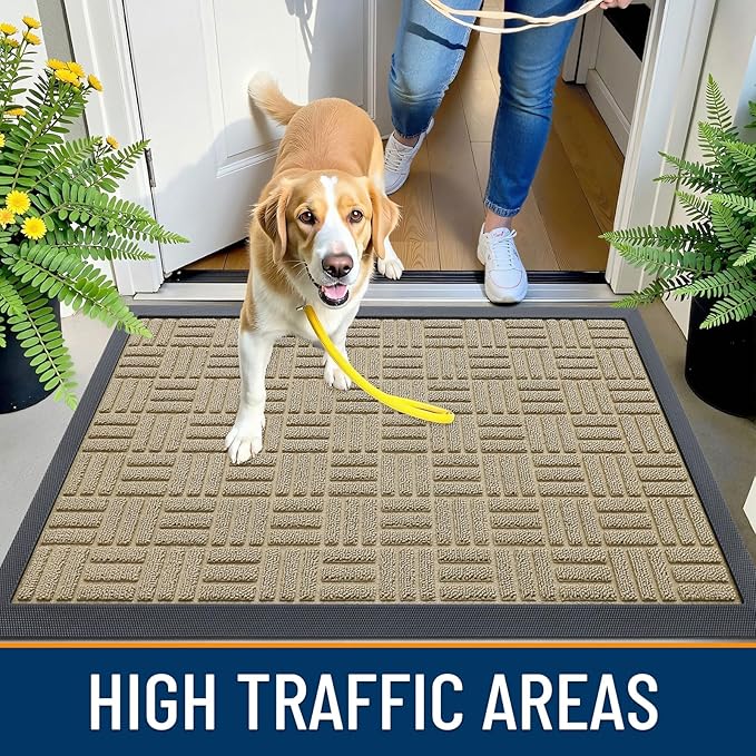 OLANLY Front Door Mat Outside Entrance 59x23, Absorbent, Heavy Duty Sturdy Natural Rubber Doormat Indoor Outdoor, Stain and Fade Resistant, Non-Slip Backing Low Profile Floor Mat for Entryway, Beige