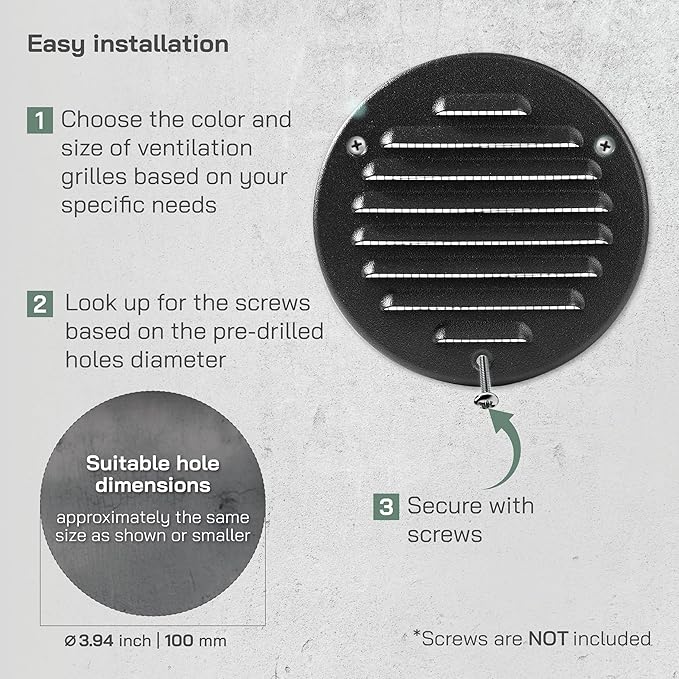 Vent Systems 4 Inch (Inner) Black Metal Soffit Vent Cover - Durable Round Air Vent Grille with Mesh Screen - Weather Resistant Ventilation Grill - Wall & Ceiling, Indoor & Outdoor Crawlspace Vent