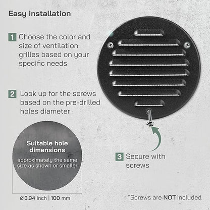Vent Systems - 4 Inch (Inner) Pack of 10 Black Metal Round Soffit Air Vent Grille Cover, Register air Vent Deflector, Louver - Built-in Mesh - HVAC for Bathroom, Home Office, Kitchen 5 Inch (Outer)