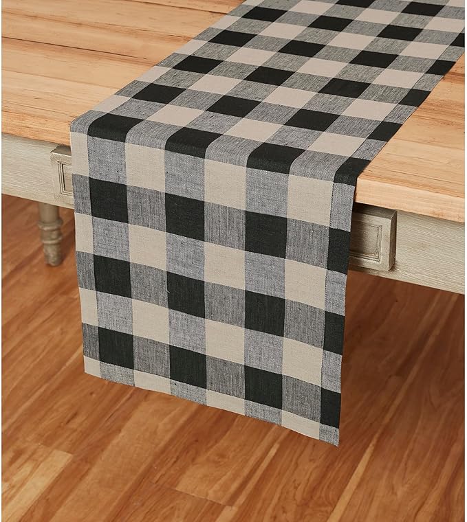 Solino Home Linen Checkered Table Runner 132 Inches Long - 100% Pure Linen Natural and Black Buffalo Check Extra Long Table Runner 14 x 132 Inch Ideal for Dining, Spring