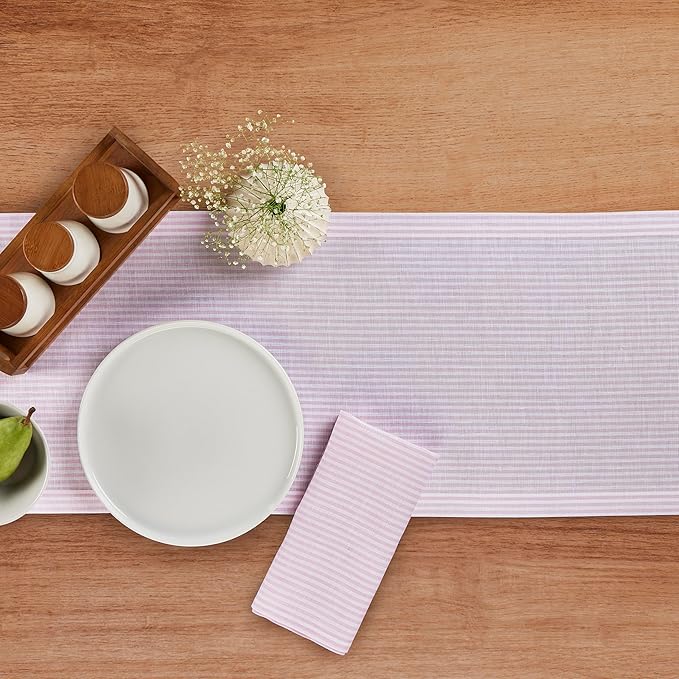 Solino Home Linen Table Runner 108 Inches Long - Narrow Stripe, 100% Pure Linen Pink and White Table Runner 14 x 108 Inch for Dining, Valentines, Spring, Easter