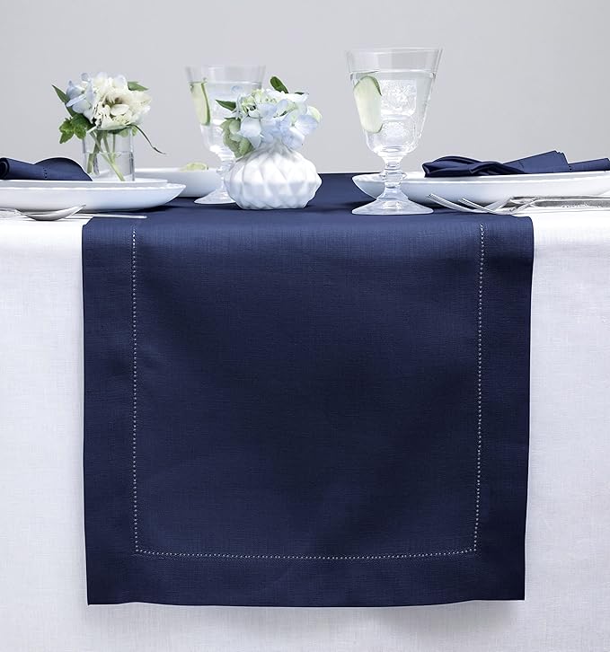 Solino Home Linen Table Runner 120 Inches Long - Classic Hemstitch 100% Pure Linen Navy Blue Dining Table Runner 16 x 120 Inch for Easter, Winter