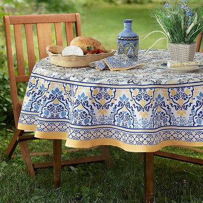 Home Bargains Plus Oval Fabric Tablecloth, 60 x 102 Inch, Allure Yellow and Blue Floral Bordered Print, Indoor Outdoor Stain and Water Resistant Table Cloth, Provence French Country