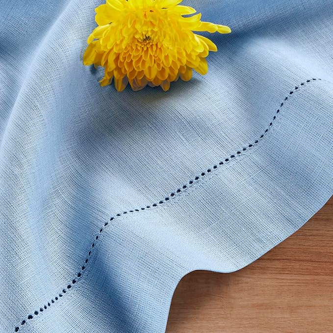 Solino Home Linen Cornflower Blue Table Runner 90 Inches Long - 100% Pure Linen Hemstitch 14 x 90 Inch Table Runner for Dining, Spring, Easter - Classic Hemstitch