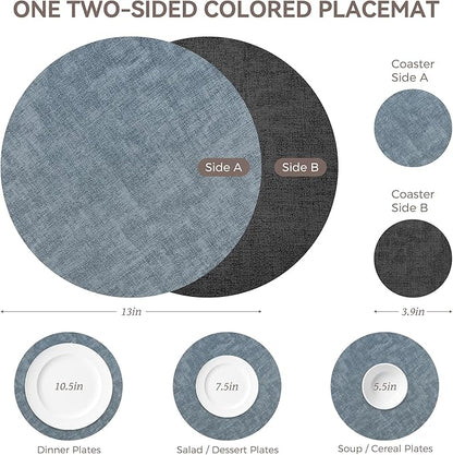 13" Round Placemats Set of 4, NCUE Dual-Sided Faux Leather Heat Resistant Table Mats, Waterproof Oilproof Washable Protective Table Placemats with Coaster, Wipeable Vinyl for Indoor & Outdoor Use