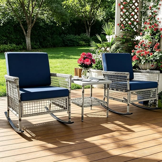 DECMICO 3-Piece Wicker Rocking Chair Set, Outdoor Patio Furniture | Navy - Image 3
