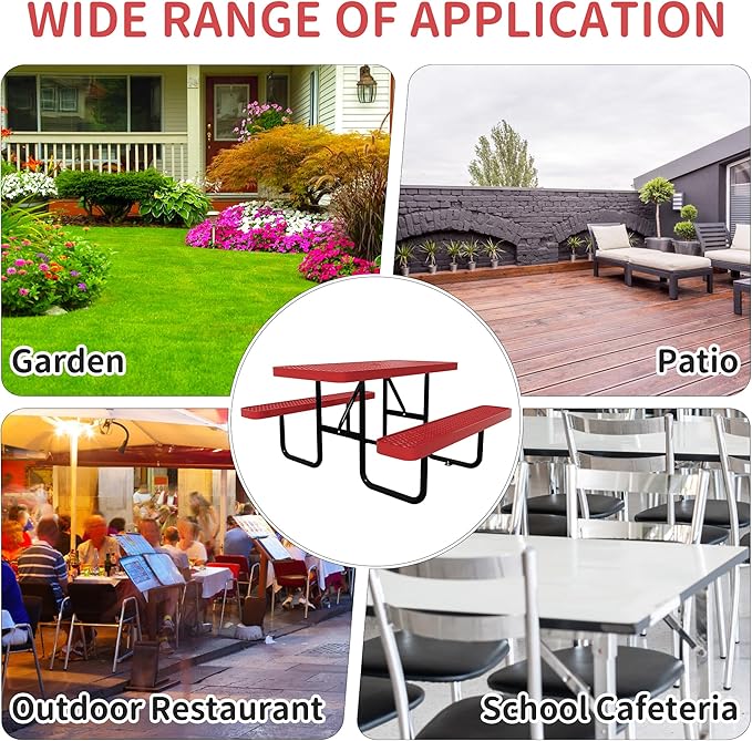 4FT Picnic Tables for Outdoors, Rectangular Commercial Metal Picnic Table Bench Set with Umbrella Hole,Heavy Duty Steel Weather-Resistant Dining Table for Patio Dining Garden Backyard BBQ School