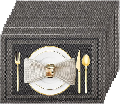 Placemats Set of 12 Washable&Wipeable Place mats for Dining Table Kitchen Indoor Outdoor Table Mats Heat Resistant Non Slip Woven Vinyl Table Placemats (Black，12PCS)