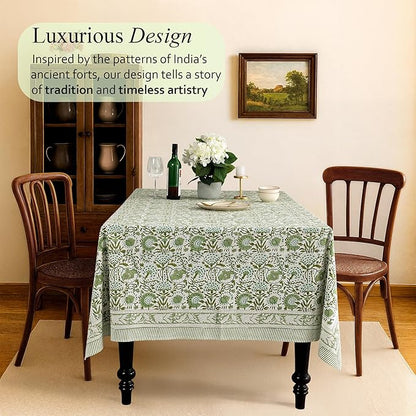 CPC Tablecloth 100% Cotton 72x190 Inch Indian Block Print Rectangle Table Cover, Green Table Cloth for Weddings, Spring/Summer, Barbeque - Agate Green