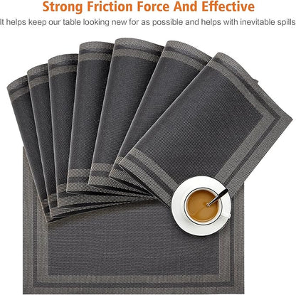 Placemats Set of 8,Washable,Heat and Stain Resistant Indoor/Outdoor Place mats,Vinyl Woven Non Slip Table Mats for Restaurant Table Protection,PVC Placemats(Black Gold 8PCS)