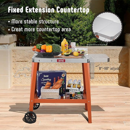 Movable Outdoor Grill Table Cart, Pizza Oven Stand with Wheels, Stainless Steel Countertop with Foldable Extension Table, Versatile Food Prep Grill Cart for Outdoor BBQ Cooking