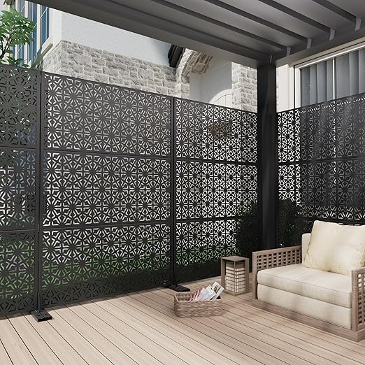 Casaphoria 72" H x 47" W Metal Outdoor Privacy Screen, Freestanding Decorative Divider for Patio, Deck, Balcony, and Garden with Stable Base, Black Gene